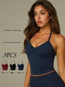 UONNOU 3pcs Women's Sports Shaping Tank Tops, Halter Neck Ruched Design, Removable Pads, Off Shoulder & Open Back, Fitness Workout - Multicolor - View 11