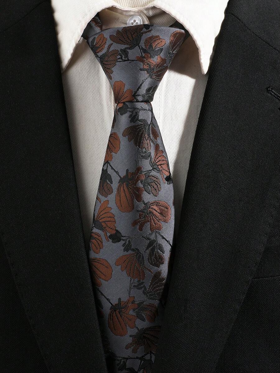 1PC Men's Vintage Grey Base Brown Floral Jacquard Grey-Brown Subtle Pattern Personalized Formal Business Wedding Shirt With Decorative Tie - Castle Grey-brown Jacquard - View 1