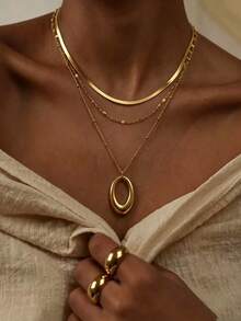 3pcs/Set Gold Stainless Steel Non-Fading Hypoallergenic Oval Geometric Hollow Water Drop Pendant Necklace Set For Women, 3-Layer Layered Fashion Style Suitable For Street Photography, Travel, Daily Wear And Dating - Gold - View 2