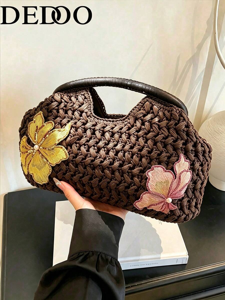 Dedoo Floral Embroidered Woven Straw Handbag, Pearl Decorated Hollow Handle Vintage Summer Women's Tote Bag, Suitable For Beach Vacation And Daily Use