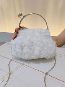 Dedoo 女款 3D 玫瑰花卉晚宴手拿包，白色玫瑰圖案，浪漫復古風，婚禮舞會新娘包，秋冬款 - 白色 - 查看 8