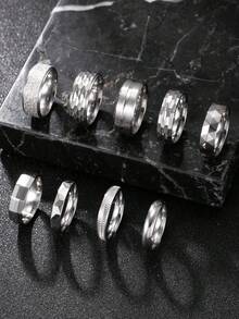 9pcs/Set Men's Stainless Steel Rings, Sports Style Jewelry, Silver Fashion Accessories, Polished & Matte Texture, Suitable As Gift For Boyfriend, Husband, Selected Gift For Halloween, New Year - Silver - View 1