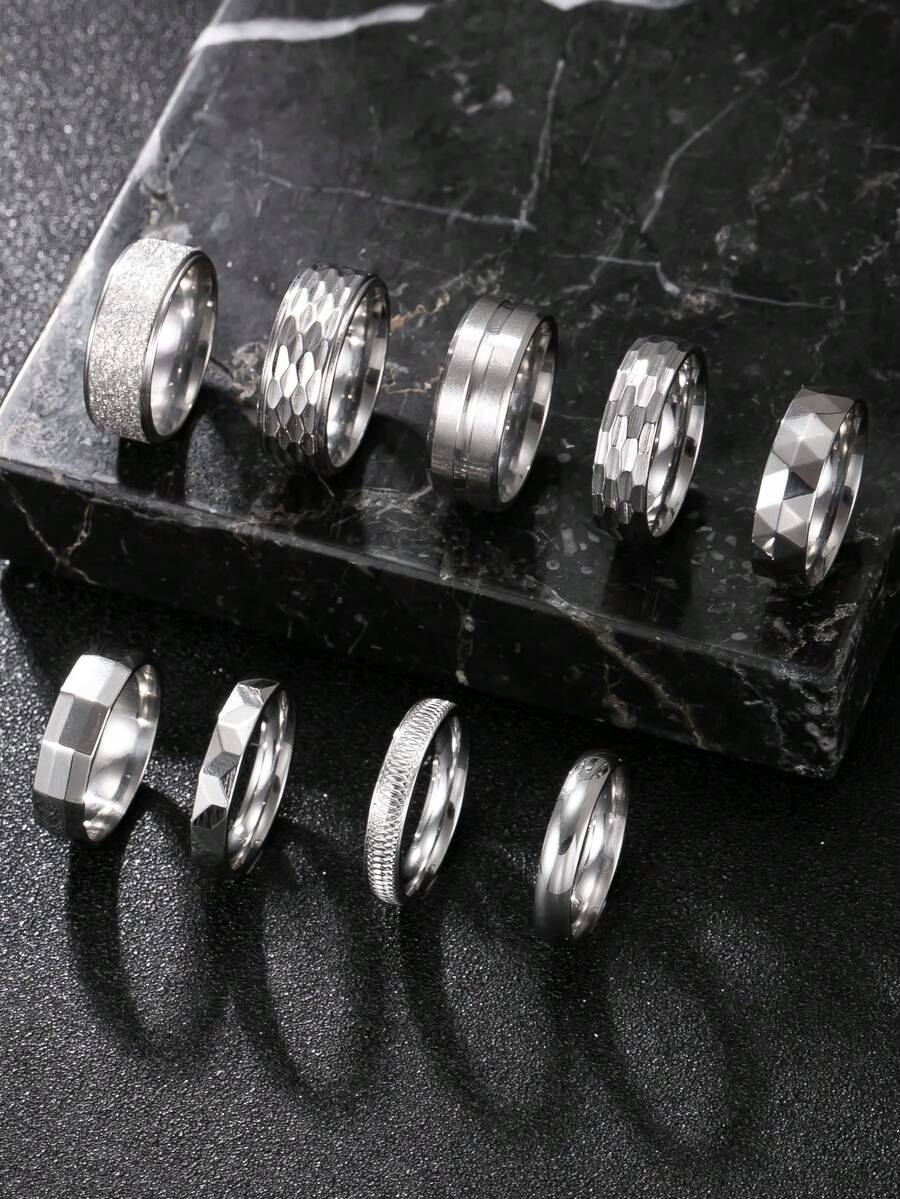 9pcs/Set Men's Stainless Steel Rings, Sports Style Jewelry, Silver Fashion Accessories, Polished & Matte Texture, Suitable As Gift For Boyfriend, Husband, Selected Gift For Halloween, New Year - Silver - View 1