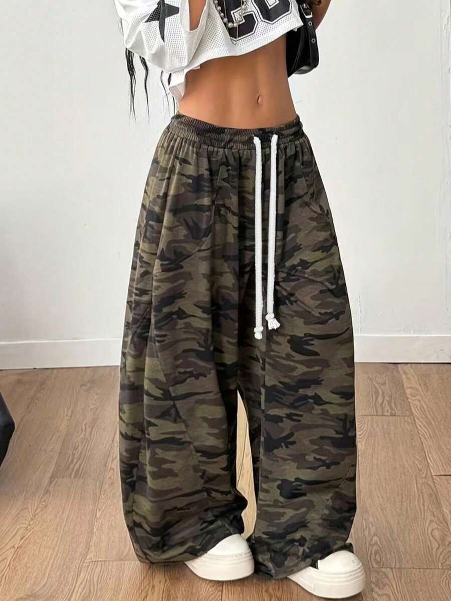 Plus Size Women's Camouflage Drawstring Wide Leg Pants, Casual Loose Long Streetwear Style - Army Green - View 1