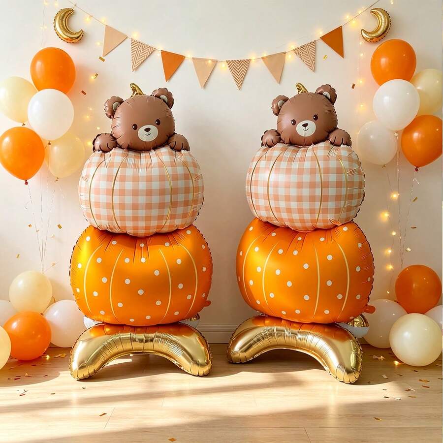 2pcs Standing Base Pumpkin Bear Foil Balloons, Autumn Harvest Theme ...