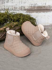 Toddler Thermal Lined Warm Boots, Unisex Solid Color Soft Sole Fashion Versatile Mid-Top Boots With Side Zipper Easy On/Off Kids Shoes - Khaki - View 2