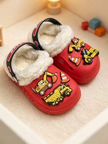 Children's Excavator Construction Vehicle Decor Thick Warm Home Slippers, Winter Slip-On Shoes For Kids - Red - View 6