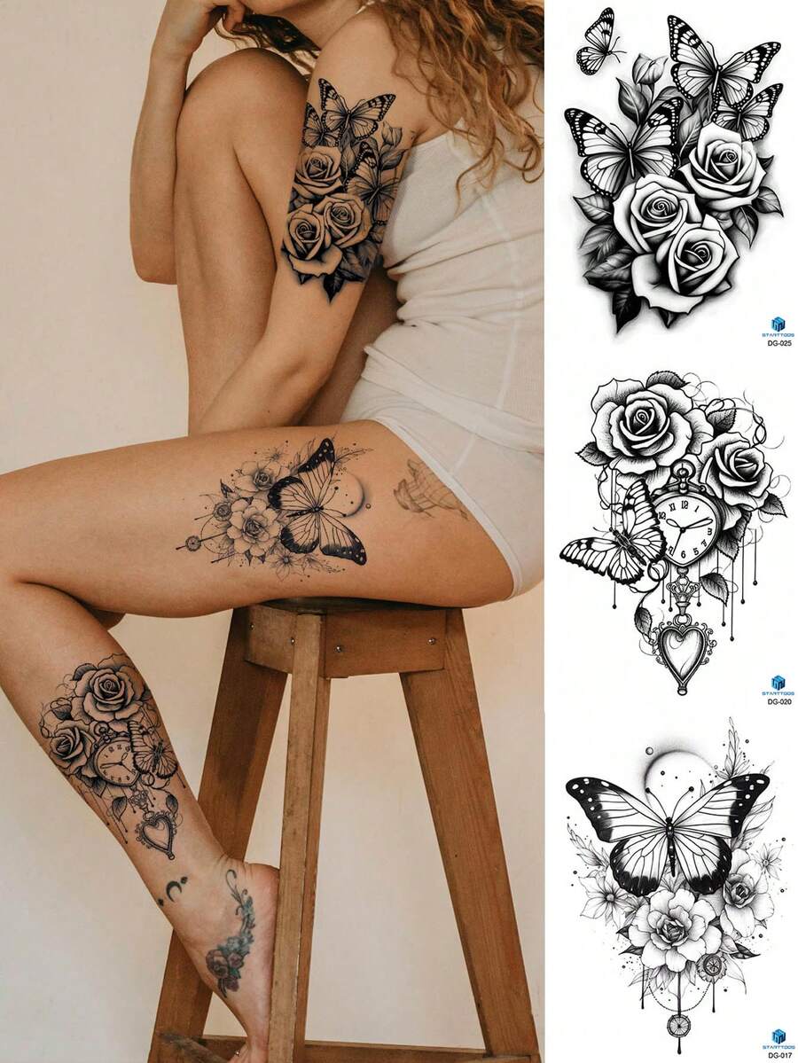3PCS Vintage Pocket Watch Heart Rose Butterfly Pattern Party Gift Holiday Gift DIY Music Festival Temporary Waterproof Tattoo Stickers For Arm Waist Abdomen Back Leg - Multicolor - View 1