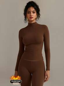 XLLAIS Long Sleeve High Neck Basic T Shirt 2026 Double Layer Elastic Tight Fitting Top - Camel - View 1