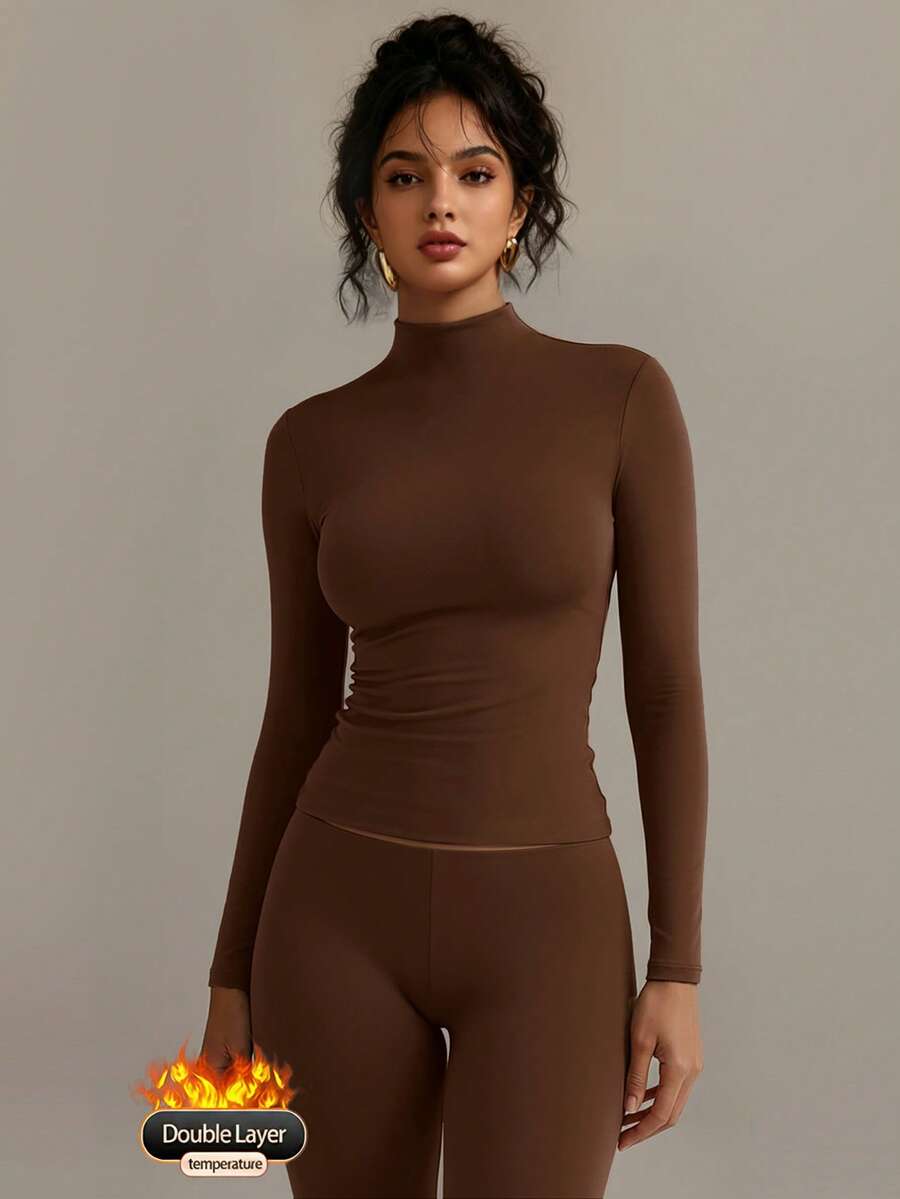 XLLAIS Long Sleeve High Neck Basic T Shirt 2026 Double Layer Elastic Tight Fitting Top - Camel - View 1