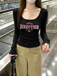 Women's U-Neck Long Sleeve T-Shirt, Spring/Autumn New Letter Print, American Fashion Slim Fit Versatile Cropped Top - Black - View 6