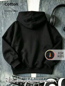 Kids Hooded Sweatshirt, Drip Style Bunny Head Graphic Print Thick Fleece Lined Pullover For Kids - Black - View 2