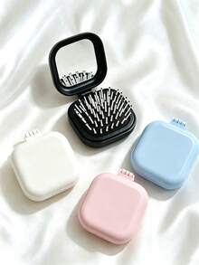 1pc New Colorful Square Folding Hair Brush With Mirror, Air Cushion Hair Comb In Pink/Blue/White/Black, Portable Travel Size, Easy To Comb Scalp, Solid Color Compact Square Styling Tool, Fits In Wallet/Pocket, Daily Use, Mini Hair Brush For Women And Girls - One Size - View 5