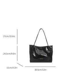 New Vintage Fashion Faux PU Leather Solid Color Tote Bag, Personalized Woven Shoulder Strap, Zipper Closure, Lightweight Minimalist, Large Capacity Casual Commuter Shoulder Bag - Black - View 8