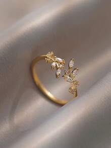 1pc Minimalist Luxury Cubic Zirconia Leaf Open Ring, Suitable For Women Casual And Party Wear - Yellow Gold - View 7