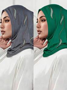 2pcs/Set Women's Fashionable Exquisite Muslim Hijab Headscarf, Silky Cotton Super Soft Fabric, Rhinestone Craft, Middle Eastern Home Fashion Headscarf - 2-pack Mercerized Cotton Rhinestone Headband, Multi-color - View 5
