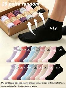20 Pairs Women Solid Color Boat Socks, Sweet Absorbent Breathable Invisible Socks, Suitable For Daily Wear, Sports, School Style, All Seasons, Random Colors, Optional 1 Pair/10 Pairs/20 Pairs - Multicolor - View 8