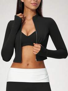 NcmRyu Women's One Piece Solid Color Stand Collar Zipper Thumb Hole Cuff Short Jacket Coat, Autumn/Winter - Black - View 6