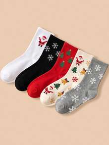5 Pairs Autumn/Winter Christmas Atmosphere Mid-Calf Socks, Santa Claus Snowflake Bell Jacquard Pattern, Elastic Girls' Holiday Socks - Multicolor - View 1
