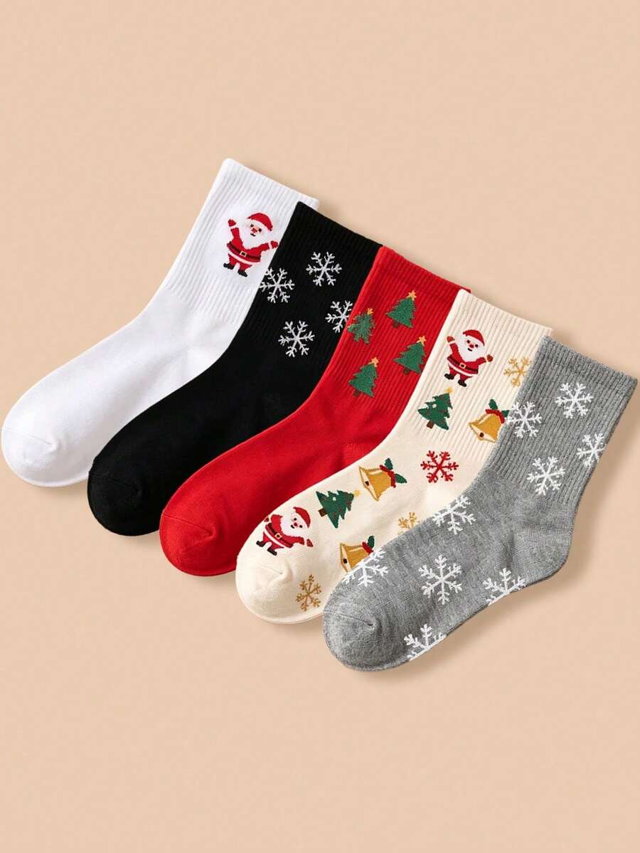 5 Pairs Autumn/Winter Christmas Atmosphere Mid-Calf Socks, Santa Claus Snowflake Bell Jacquard Pattern, Elastic Girls' Holiday Socks - Multicolor - View 1
