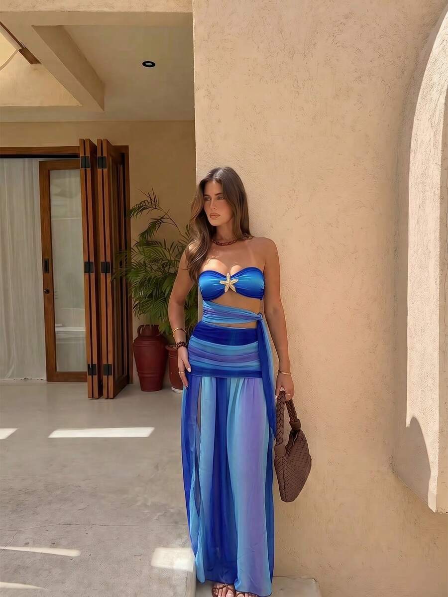 Summer Women's Blue And Yellow Starfish One-Piece Swimsuit Long Dress ...