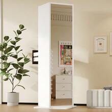45*45*168 Cm Rotating Display Cabinet With Full-Length Mirror, Open Shelves, Drawer With Guide Rail, Freestanding Mirror Cabinet, Storage Cabinet In White - 1PC - View 5