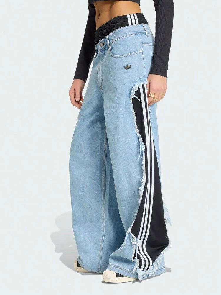 Adidas Originals Women's Street Style Button Striped Frayed Hem Denim Jeans - Baby Blue - View 1