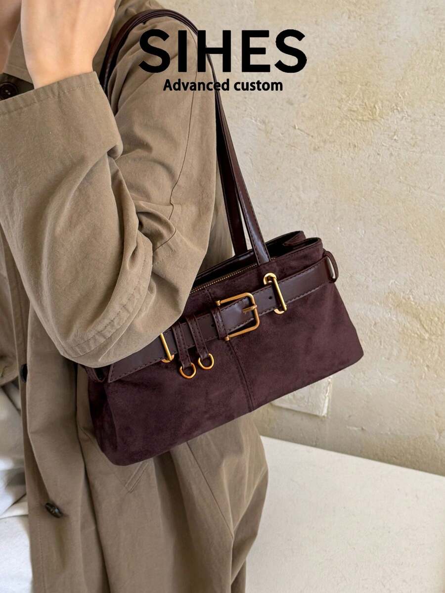 One New Solid Color Suede Women's Backpack, Shoulder Bag, Baguette Bag, Stylish Square Handbag, Suitable For Commuting, Shopping, Dates, And More.