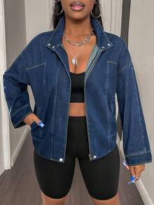 Vintage Dark Blue Denim Jacket For Women, Contrast Stitching Zipper & Button Front, Loose Fit Short Casual Jacket - Denim Original Color - View 9