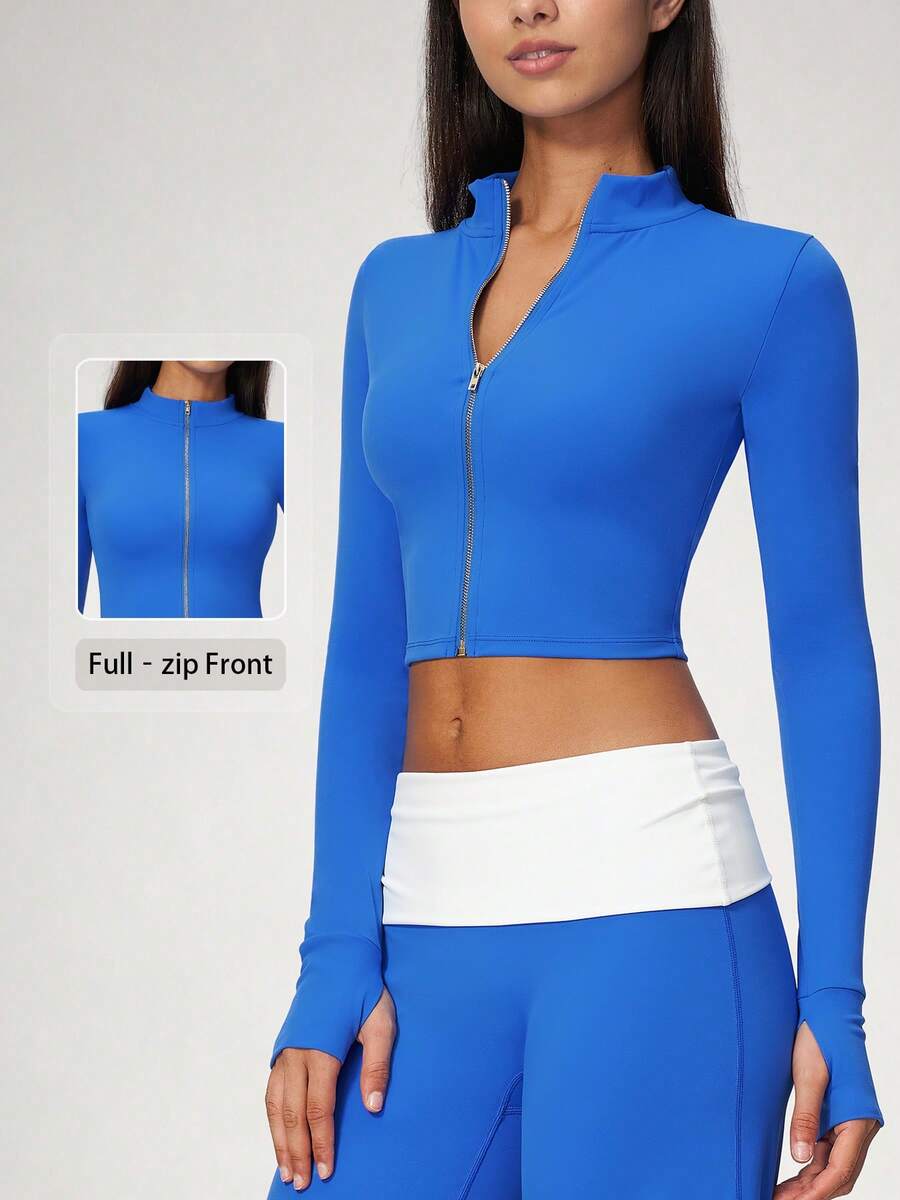 NcmRyu Women's 1pc Solid Color Stand Collar Zip-Up Thumbhole Cuff Short Jacket Coat, Autumn/Winter - Blue - View 1