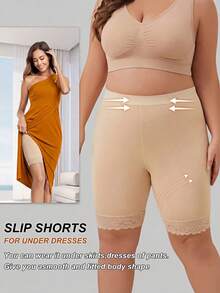 Plus Size Shapewear Shorts For Women, High Waist Firm Tummy Control Mid-Thigh Slimmer, Lace Trim Body Shaper Panties - Apricot - View 3