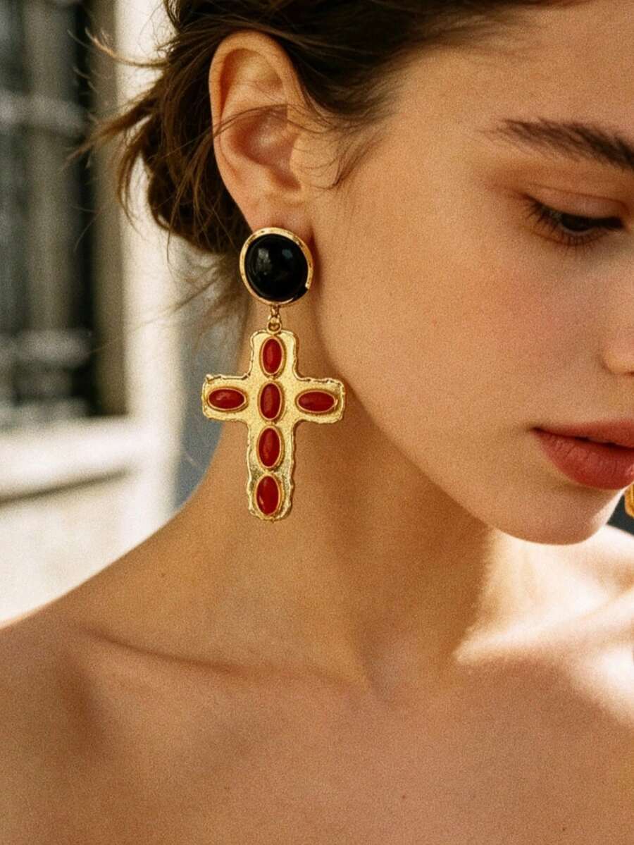 Red Cross Drop Earrings, Vintage Gothic Statement Jewelry, Black Round Studs, Gold Tone Ornate Details - Cross Earrings - View 1