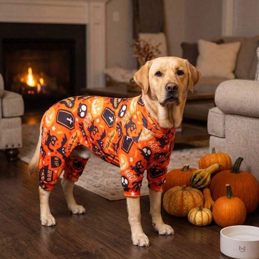 1 buah Piyama Anjing Halloween Anti-Rontok, Hangat, Elastisitas Tinggi, Menutupi Seluruh Tubuh, Jumpsuit Anti-Jilat dan Anti-Serangga, Cocok untuk Anjing Kecil, Sedang, dan Besar, Kostum Anjing Motif Penuh Halloween, Pola Kartun Halloween yang Lucu - Burnt Orange - View 1
