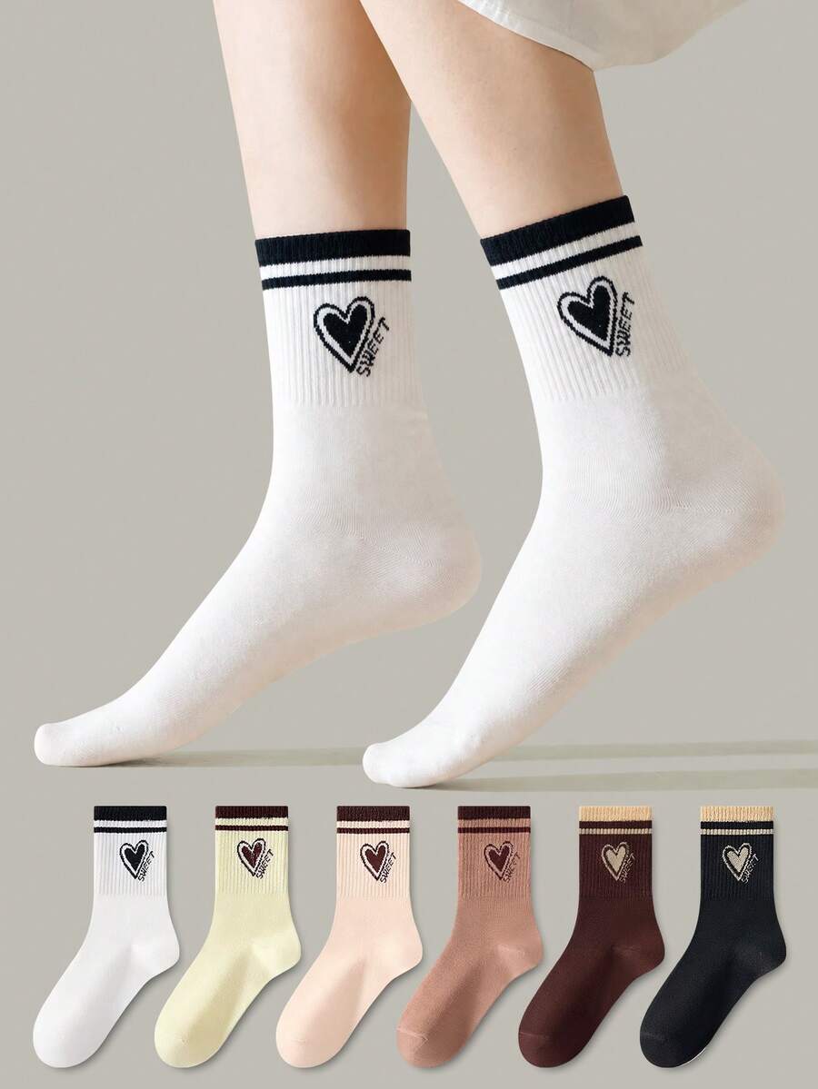 5 Pairs Women's Mid-Calf Socks In Maillard Color Palette, Heart Stripe ...