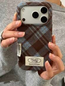 Autumn/Winter Korean Vintage Plaid Fabric Phone Case Compatible With Iphone 17 Pro Max, Apple 17, 17 Pro, 15 Pro, 16 Pro Max, 16 Pro, Soft Anti-Drop Protective Cover For Women - Blue Brown - View 1