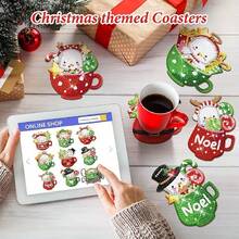 5D DIY Diamond Painting Coaster Set, Sewing Supplies, Christmas Non-Slip Coaster, Cartoon Christmas Mug Snowman Design Wooden Cup Coaster, Suitable For Home Kitchen Dining Table Party, Winter Holiday, Protect Tabletop Decor, Christmas Decoration Gift - Rhinestone Coaster/180 - View 4