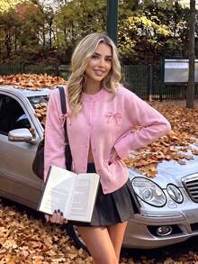 Women's SweetBalletcorePink Knit Cardigan3D Bow Decor Crew Neck SingleButton LongSleeve SweaterCasual Gentle Outerwear For Autumn Back‑To‑SchoolOutfit - Pink - View 6