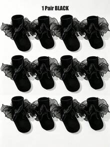 1/3 Pairs Toddler Baby Girls Solid Black Tulle Ruffle Socks, Princess Layered Mesh Frilly Dress Socks, Baby Girl Essential, Halloween,Fall Style - Multicolor - View 9
