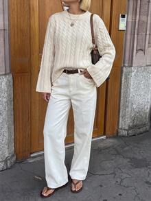 Just Masa Women's Autumn Casual Cable Knit Bell Sleeve Pullover Sweater, Loose Fit Solid Color Round Neck Ribbed Rajut Top, Suitable For Daily Wear, Outing, Commuting - Aprikot muda - View 9