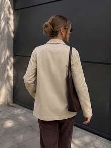 1pc Women's Solid Color Slouchy Lapel Casual Shacket, Autumn/Winter Textured Single-Breasted Large Pocket Commuter Jacket, Suitable For Daily Outings, Light Socializing, Business Office Wear - Apricot Yellow - View 2