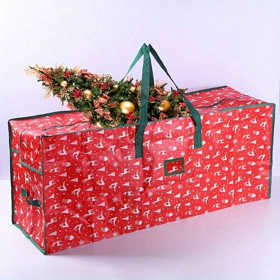 Christmas Tree Storage Bag For 7ft‑9ft Artificial Xmas Trees, Large Waterproof Dust‑Proof Woven Bag With Zipper & Reinforced Handles, Red Printed Rectangle Container, Holiday Home Organization For Attic Basement Indoor Outdoor Use - A - View 1