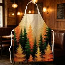 1pc Autumn Forest Landscape Print Apron - Sleeveless Design, Durable And Comfortable Fit, Featuring Orange-Gold Gradient Autumn Forest And Pine Forest Patterns, Suitable For Cooking, Baking And Home Cleaning, Household Cleaning, Housework Apron, Hand-Painted Handmade Gardening Apron, Fun Autumn Harvest Festival Gift - Multicolor - View 3