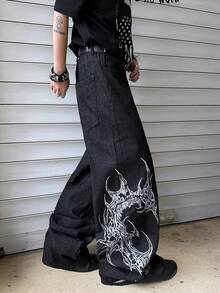 1pc Vintage American Street Style Embroidered Loose Fit Relaxed Straight Leg Jeans, Comfortable & Versatile For All Seasons (Excluding Belt & Accessories) - Black - View 7