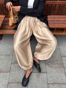 Slouchy Loose Drapey Satin Texture Lantern Pants Long Pants For Vacation Daily Travel - Gold - View 2
