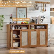 55 Inch Farmhouse Rattan Buffet Sideboard Cabinet With 4 Gold Tone Handles Adjustable Inner Shelves And Open Storage Shelf Dining Room Kitchen Living Room Hallway - Tea Brown - View 4