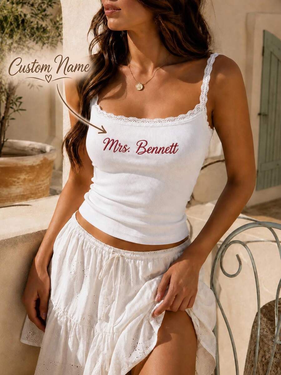 Custom Embroidered Lace Tank Top, Bridal Party Tank, Personalized Bachelorette Shirt, Bridesmaid Gift, Wedding Shower Gift, New Mrs. Top - Multicolor - View 1