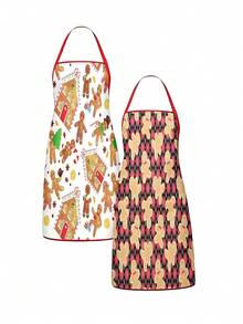 2Pcs Christmas Couple Apron Set, Gingerbread Man Gingerbread House & Argyle Plaid Gingerbread Printed Adjustable Bib Apron, Holiday Kitchen Cooking Baking Apron For Family Party Xmas Gift - Multicolor - View 10