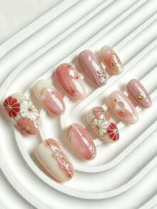 10pcs Handmade Press-On Nails, Long Oval Shape, Y2K Style, Premium Pink & White Gradient, Gold Flower & Shell Design With Hand-Painted Gold Lines And Pearl Decor, Pink & Gold Nails, Suitable For Daily Wear - Red and White - View 4
