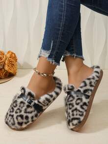 Women's Leopard Print Faux Fur Mule Slippers, Closed Toe Flat Slippers With Metal Buckle, Outdoor Cotton Slippers - Beige - View 4