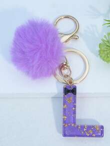Minimalist Cute Initial Keychain A-Z Women's Bag Charm Black Bow Purple Pom Pom Key Chain Daily Wear Gift Accessory - Purple - View 8